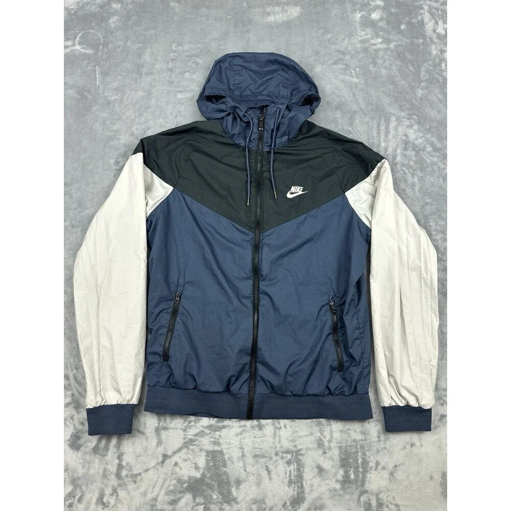 Nike Windrunner Jacket Mens M Black Blue Colorblock Full Zip Hooded Windbreaker